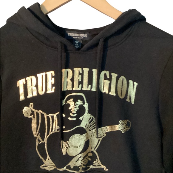 True Religion Black Hoodie with Gold Buddha Design Sz Small - Picture 2 of 8